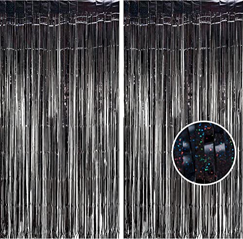 BRAVESHINE Black Party Foil Fringe Curtains - 2 Pack Metallic Tinsel Photo Booth Streamers Backdrop for Graduation, Boy, Men, Birthday, Stranger Theme, Music, Retirement, Prom Party Decorations - color: Black Foil Curtains