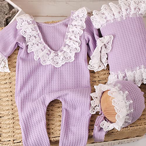 Zeroest Newborn Photography Prop Outfits Girl Lace Outfit Set Baby Girl Photo Shoot Infant Princess Photos - color: Lavender