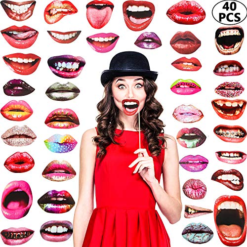 Gejoy 40 Pcs Graduation Photo Booth Props DIY Kit Funny Selfie Props Accessories Funny Mouth Lips Party Photo Booth Prop for Grad Wedding Prom Party Supplies Favors with Wood Stick