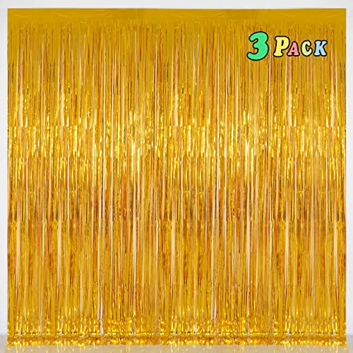 Foil Fringe Curtains Party Decorations for 2026 NYE - Melsan 3 Pack 3.2 x 8.2 ft Tinsel Curtain Party Photo Backdrop for Birthday Party Baby Shower or Graduation Decorations (Pure Gold) - color: Pure gold