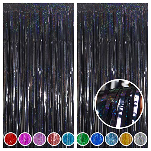 Melsan Black Tinsel Backdrop Streamers for Graduation Decorations 2026, Black Foil Fringe Curtains 3.2 ft x 8.2 ft for Halloween New Year Birthday Party Photo Booth Props, 2 Pack - color: Black
