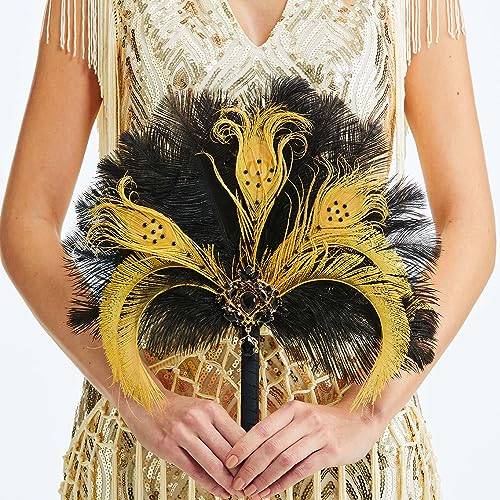 BABEYOND Vintage Bridal Feather Bouquet 1920s Ostrich Feather Fan Crystal Bridesmaid Bouquet 20s Gatsby Wedding Bouquet Flapper Accessories (Black) - color: Black