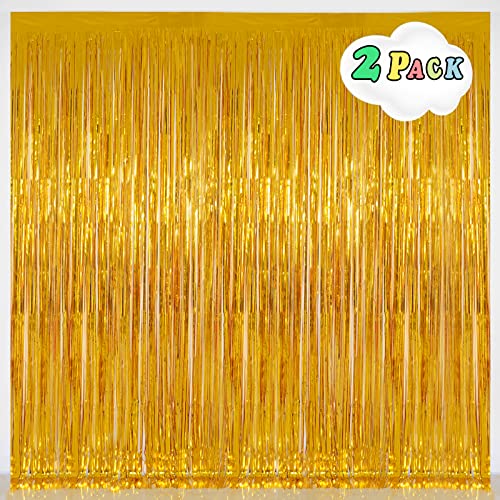 Gold Tinsel Backdrop Curtains, Melsan 3.2 x 8 ft Gold Foil Fringe Curtain Streamers for Birthday, Anniversary, Graduation & Photo Booth, Pack of 2 - color: Gold, size: 3.2 x 8 ft