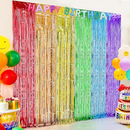 2 Pack Rainbow foil Fringe Backdrop Curtains, 3.3x6.6FT Rainbow Party Decorations Tinsel Backdrop Fringe Curtain Party Streamer for Engagement Graduation Pride Back to School - color: Rainbow