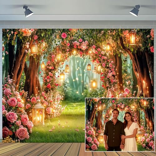 5X3ft Enchanted Forest Backdrop Fairy Tale Wonderland Garden Photography Background Wedding Birthday Baby Shower Girl Party Cake Table Decoration Photo Booth Props Background Wall Decor - color: Pink, size: 5X3FT
