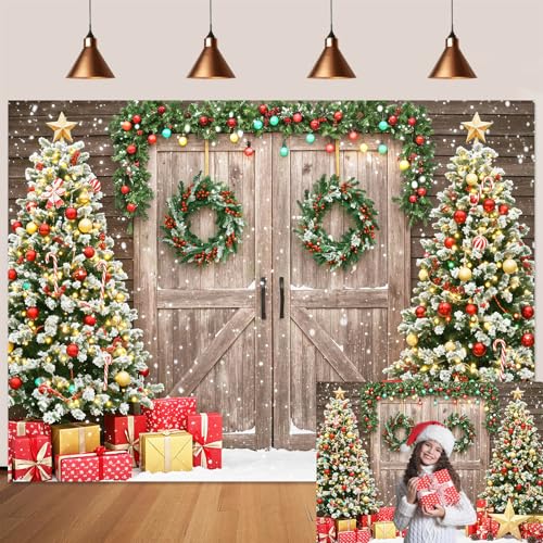 Christmas Backdrop for Photography 7x5Ft Winter Scene with Tree Christmas Photo Backdrop Party Derorations Rustic Barn Wood Door Family Xmas Holiday Party Wall Decor 82X59inch