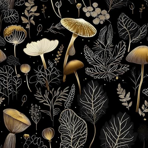 Laatse Boho Wallpaper Peel and Stick Dark Floral Contact Paper 17.5" x 197" Vinyl Self Adhesive Vintage Mushrooms Wall Mural Leaf Wall Paper for Room Countertop Drawer Decor(Golden,Black) - color: Black Gold, size: 17.5" x 197"