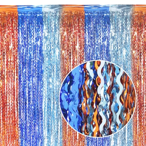 3 Pack Wavy Blue Dog Tinsel Backdrop Party Decorations - 3.3x6.6ft Orange and Dark Light Blue Metallic Foil Fringe Streamers for Birthday Party Supplies Photo Booth Prop Backdrop - color: Orange+blue+navy Blue