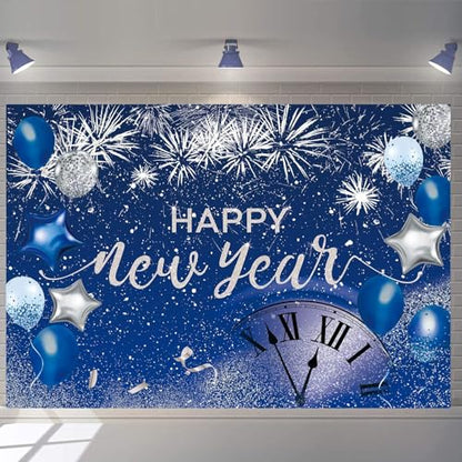 Blue Happy New Year Backdrop 2026 New Year Eve Party Photography Background Fireworks Navy Blue Silver Glitter Sequin New Years Party Decor Supplies Banner Gift Ideas Favor (10X8FT(120x96 inch)) - size: 10X8FT(120x96 inch)