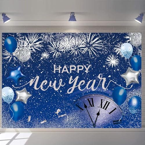 Blue Happy New Year Backdrop 2026 New Year Eve Party Photography Background Fireworks Navy Blue Silver Glitter Sequin New Years Party Decor Supplies Banner Gift Ideas Favor (10X8FT(120x96 inch)) - size: 10X8FT(120x96 inch)
