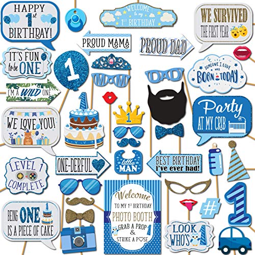 1st Birthday Boy Photo Booth Props - 41-pc Photobooth Kit with 8 x 10-Inch Sign, 60 Adhesive Pads, 45 Sticks - First Birthday Photo Kit