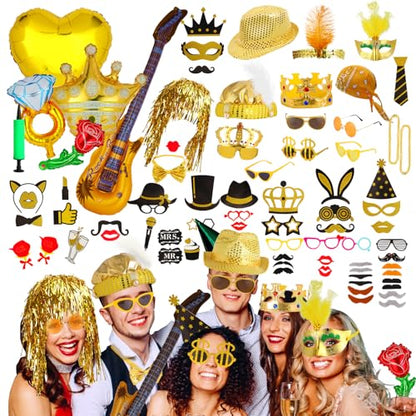 Premium Gold Photo Booth Props Set, Luxury Black & Gold Party Photo Booth Props Kit Accessories, Funny Hats and Glasses, Golden Wig, Inflatable for Graduation, Birthday, Wedding & Bachelorette