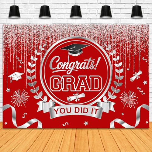Graduation Backdrop Congrats Grad You Did It Party Decorations Background Congratulations Graduate Class of 2026 Banner Photo Booth Props (Red and Silver, 7x5ft) - color: Red and Silver