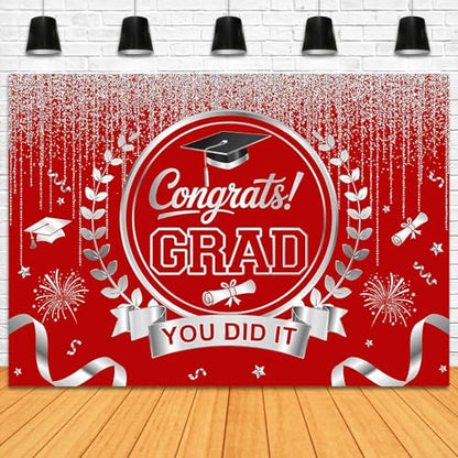 Graduation Backdrop Congrats Grad You Did It Party Decorations Background Congratulations Graduate Class of 2026 Banner Photo Booth Props (Red and Silver, 7x5ft) - color: Red and Silver
