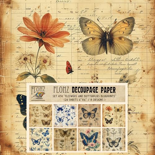 Decoupage Paper Pack (24 Sheets 6"x6") Flowers and Butterflies Blueprints # Vintage Styled Pattern Paper for Decoupage, Craft and Scrapbooking - color: ThirtyFive