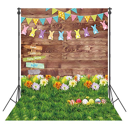 5x7ft Polyester Spring Backdrop Easter Photography Background Eggs Road Sign Wooden Wall Flowers Grass for Kids Newborn Party Decoration Portrait Photo Booth Props - size: 5'x7'