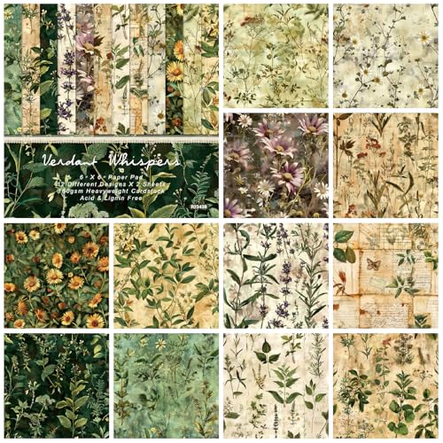 Scrapbook Paper Pad 6x6, Plant Flower Pattern Single Sided Cardstock, 24 Sheets 160 gsm Acid-free Decorative Craft Paper for DIY Photo Album Background Scrapbooking Supplies Kit, 12 Designs - color: Green