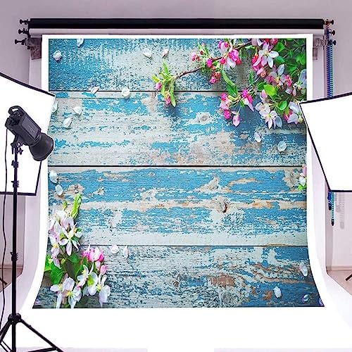 AOFOTO 10x10ft Rustic Blue Wood Planks Photography Backdrop Spring Floral Theme Flower Petal Branches Wooden Board Background Flat Lay Vintage Peeling Off Grunge Hardwood Infant Baby Portrait Props - size: 10x10ft