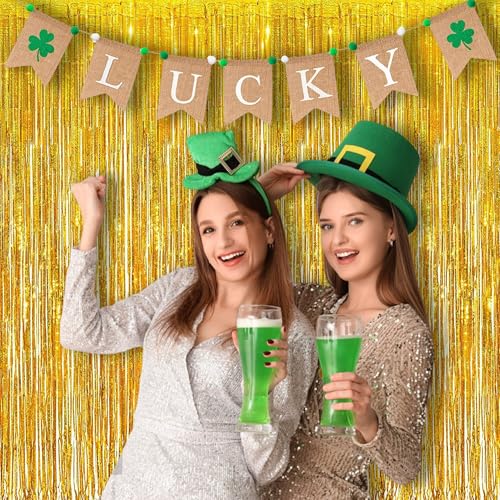 BRAVESHINE Gold Foil Fringe Curtains - 2Pcs 3.2x8.2ft Tinsel Photo Backdrop for Graduation/Men/50th/60th/Birthday/Bridal Shower/Bachelorette/Engagement/Anniversary/Hawaiian/Luau Party Decorations - color: Gold
