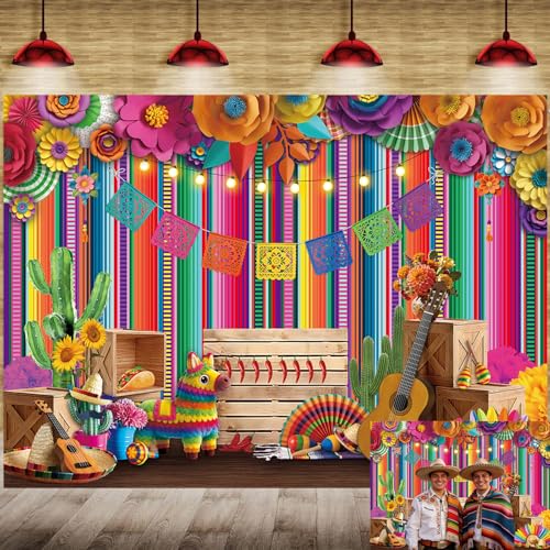 Mexican Fiesta Photography Backdrop 7x5FT 3D Paper Flower Colorful Striped Cinco De Mayo Banner Background Mexican Theme Party Decorations Supplies for Home Party - size: 7x5ft