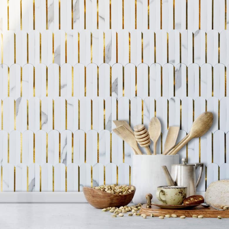 DICOFUN 10-Sheet White & Marble Look Peel and Stick Backsplash for Kitchen, PVC Stick on Backsplash Wall Tiles - color: Fish Scale/White and Marble Look, size: 10 Sheets, 12"x12"x0.12"