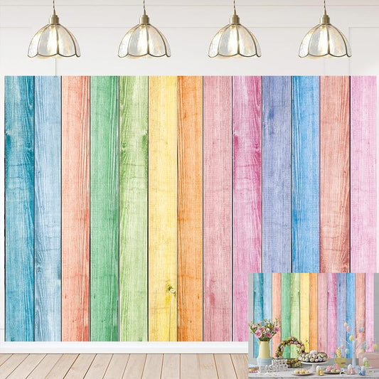 Colorful Wood Backdrop Easter Rainbow Pastel Rustic Wooden Wall Floor Texture Photography Background Spring Easter Kids Adult Baby Shower Birthday Party Decor Banner Portrait Photo Props (8x6FT) - size: 8x6FT