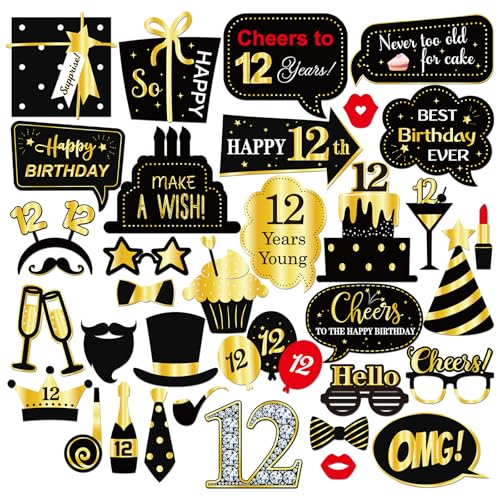 INNORU 12th Birthday Photo Booth Props, Kids Birthday Photoshoot Funny Birthday Party Photography Props Favor Twelve Years Old Centerpiece Sticks Decorations Black & Gold 35 PCS - size: 12