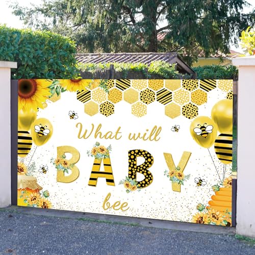 12x10ft Baby Shower Backdrop What Will Baby Bee Yellow Flower Background Kids Party Supplies Wall Banner Cake Table Decor Newborn Gender Reveal Neutral Photography Photo Booth Studio Props - size: 12x10ft