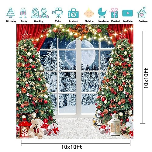 10x10ft Christmas Backdrop Christmas Window Backdrop for Photography Winter Xmas Tree Snow Gift New Year Party Backdrops Xmas Night Family Party Background - size: 10x10ft
