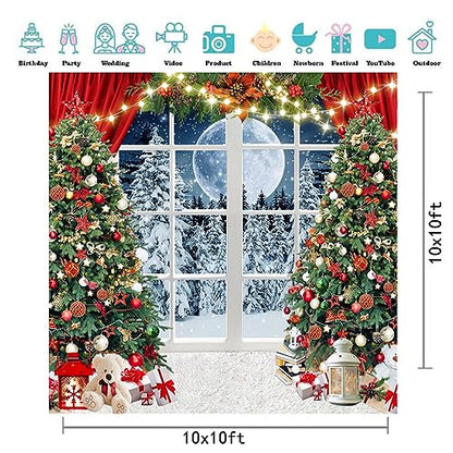 10x10ft Christmas Backdrop Christmas Window Backdrop for Photography Winter Xmas Tree Snow Gift New Year Party Backdrops Xmas Night Family Party Background - size: 10x10ft