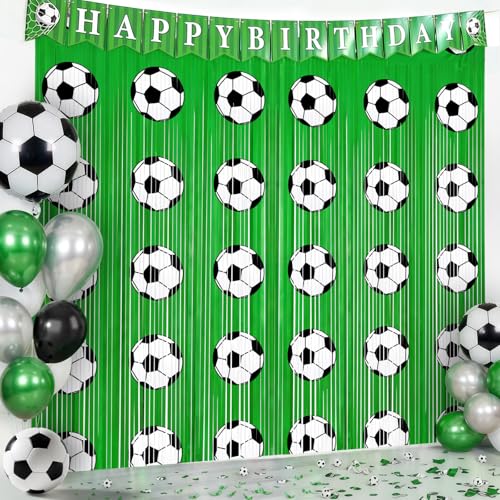 3 Pcs Soccer Party Decorations Foil Curtains - 9.9x6.6 Ft Soccer Birthday Party Supplies Fringe Backdrop Football Theme Party Favors for 2026 World Cup Tailgate - color: Green, White，Black