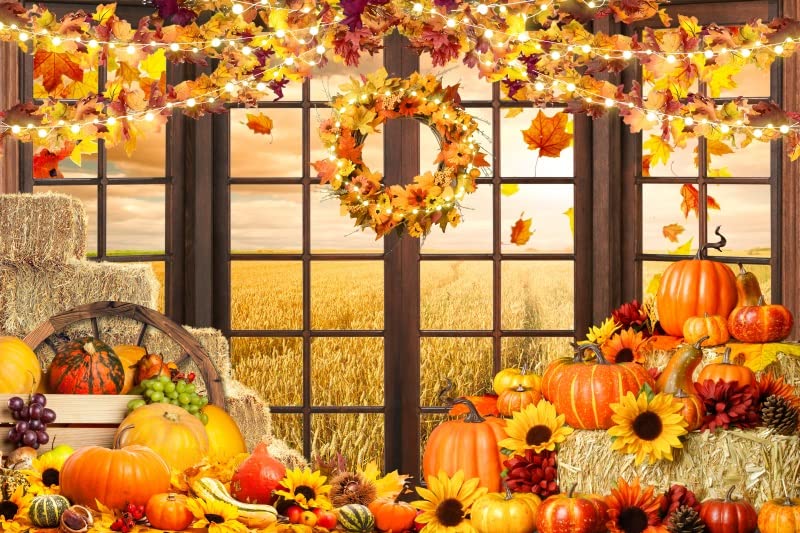 Fall Thanksgiving Backdrop for Photography Autumn Window Pumpkin Harvest Photo Backdrop 10x8ft Maple Leaves Haystack Wheat Field Harvest Background Birthday Party Event Studio Props Banner - color: NWH20204