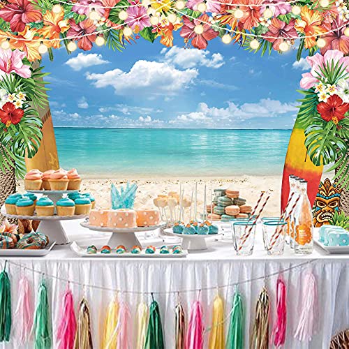 7x5ft Summer Hawaiian Beach Backdrop for Photography Tropical Flower Luau Hawaiian Party Decorations Aloha Blue Sky Ocean Palm Leaves Background Supplies Photoshoot - size: 7'x5'