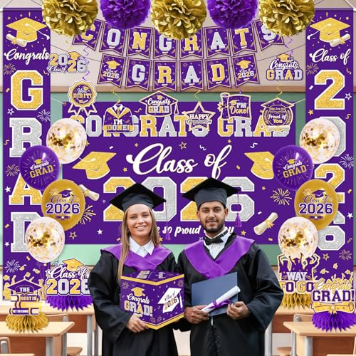 Graduation Decorations Class of 2026 Purple and Gold Graduation Decorations with Congrats Grad Banner,Backdrop,Porch Sign,Balloons,Hanging Swirls,Honeycomb Centerpieces,Box for Graduation Party Decor - color: Purple