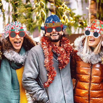 NICOWARM 12pcs Christmas Photo Booth Prop, 6pcs Fedora Hats, 6pcs Party Sunglasses for Adult, Teen, Ugly Sweater Hat, Funny Glasses, Merry Xmas Carnival Party Costume Prop