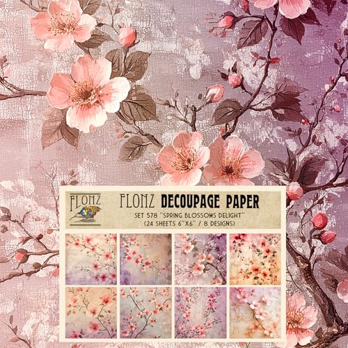 Decoupage Paper Pack (24 Sheets 6"x6") Spring Blossoms Delight: Vibrant Cherry Blossom Art with Textured Backgrounds for Elegant Craft and Decor Projects. # Vintage Styled Paper for Craft - color: Fortyten