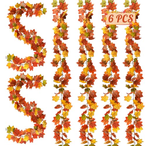Helimoto 6 Pack Fall Outdoor Garland, 35.4 FT Fall Decorations for Home with 12 Hooks, Artificial Maple Fall Garland for Autumn Thanksgiving Decor Wedding Party Fireplace Mantle Indoor Decorations - color: Green, size: 6 Pcs