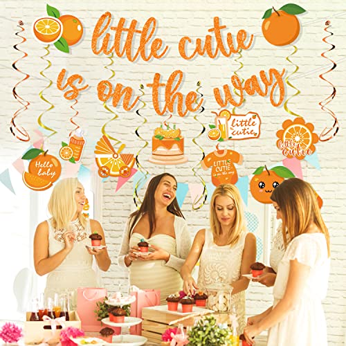 Little Cutie Baby Shower Decorations - 16pcs Orange Party Decorations 2pcs Glitter Baby Shower Banners 14pcs Orange Hanging Swirls Little Cute is on the Way Birthday Party Decor Supplies - style: Little Cutie