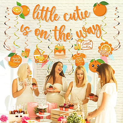 Little Cutie Baby Shower Decorations - 16pcs Orange Party Decorations 2pcs Glitter Baby Shower Banners 14pcs Orange Hanging Swirls Little Cute is on the Way Birthday Party Decor Supplies - style: Little Cutie