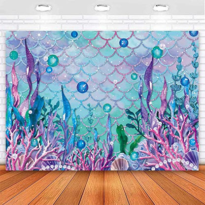 Sensfun Under The Sea Baby Shower Backdrop Purple Blue Seaweed Glitter Scales Underwater Photography Backgrpund Mermaid Birthday Decorations Party Cake Table Banner Photoshoot Vinyl Prop 7x5ft - size: 7x5ft