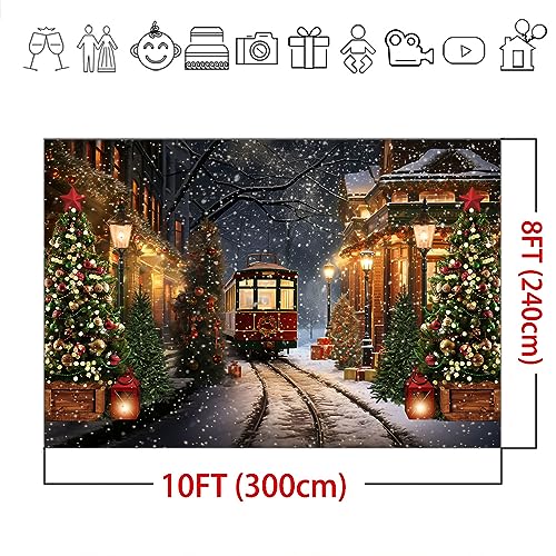 Mocsicka 10x8ft Christmas Train Backdrop for Photography Christmas Town Winter Train Xmas Snow Railway Christmas Tree Party Background Wonderland Snowflake Portrait Photo Studio Props - size: 10x8ft