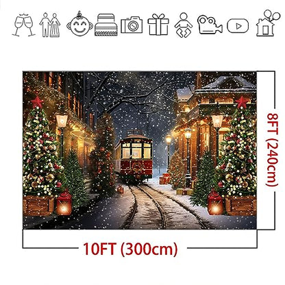 Mocsicka 10x8ft Christmas Train Backdrop for Photography Christmas Town Winter Train Xmas Snow Railway Christmas Tree Party Background Wonderland Snowflake Portrait Photo Studio Props - size: 10x8ft