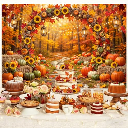 5 x 3 ft Fall Backdrop Autumn Scenery Sunflower Arch Maple Leaves Forest Leaves Pumpkins Background Fall Farm Rustic Trail Thanksgiving Harvest Party Supplies Banner Picture Photo Booth - color: Multi9, size: 5x3ft