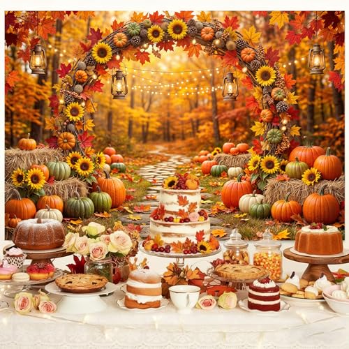 7 x 5 ft Fall Backdrop Autumn Scenery Sunflower Arch Maple Leaves Forest Leaves Pumpkins Background Fall Farm Rustic Trail Thanksgiving Harvest Party Supplies Banner Picture Photo Booth - color: Multi9, size: 7x5ft