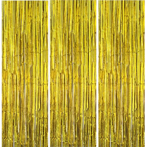 3 Pack Foil Curtain Backdrop 3.3x6.6 ft Tinsel Fringe Curtains for Parties Metallic Streamers Photo Booth Props,Wedding & Birthday,Holiday Decorations Disco,Bachelorette,Door Hanging Decor (Golden) - color: Golden