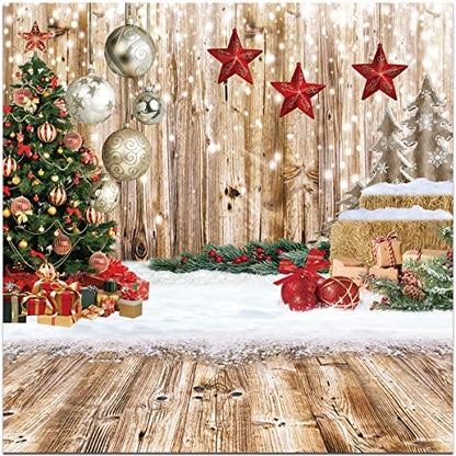 8x10Ft Christmas Backdrop Christmas Backdrops for Photography Winter Snow Backdrop Rustic Wood Floor Backdrop Xmas Tree Gift Christmas Family Party Background - size: 8x10ft