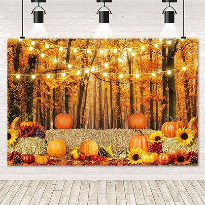 Thanksgiving Fall Backdrop for Photography 10x8ft Maple Forest Pumpkin Hay Photo Backdrop Autumn Thanksgiving Harvest Photoshoot Background Kids Baby Adult Fall Theme Party Birthday Banner - color: NSW09651