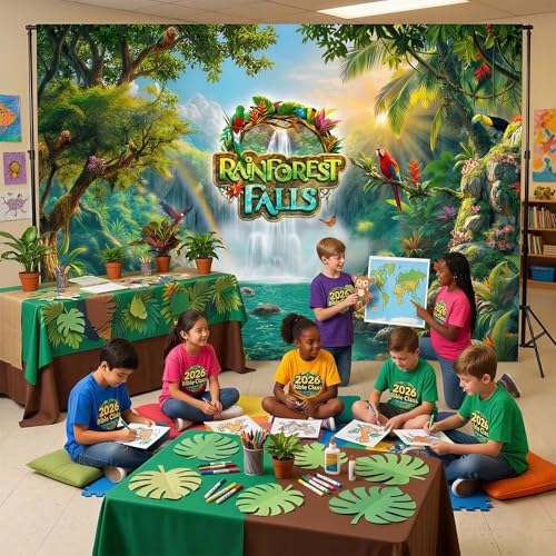 Rainforest Falls VBS Backdrop Rainforest Party Decorations for 2026 VBS Sunday School Classroom Banner Photo Props 7x5FT