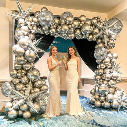 HILAVO 22 Inch Large 4D Metallic Silver Disco Ball Balloon with Explosion Star Foil Balloons for 70s 80s 90s Themed Party, Birthday, New Year, Graduation - color: Disco Ball Star