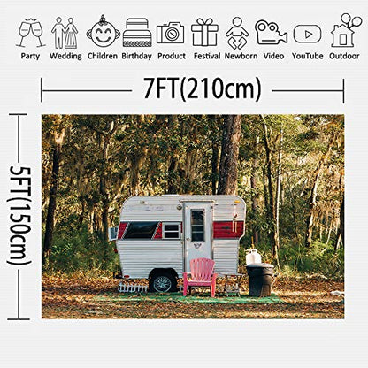 Camp Party Camping Backdrop 7x5ft Sunny Forest Camper Trailer Nature Scenery Photography Background Studio Photo Prop RBJYYLU24 - size: polyester microfiber fabric-7x5ft